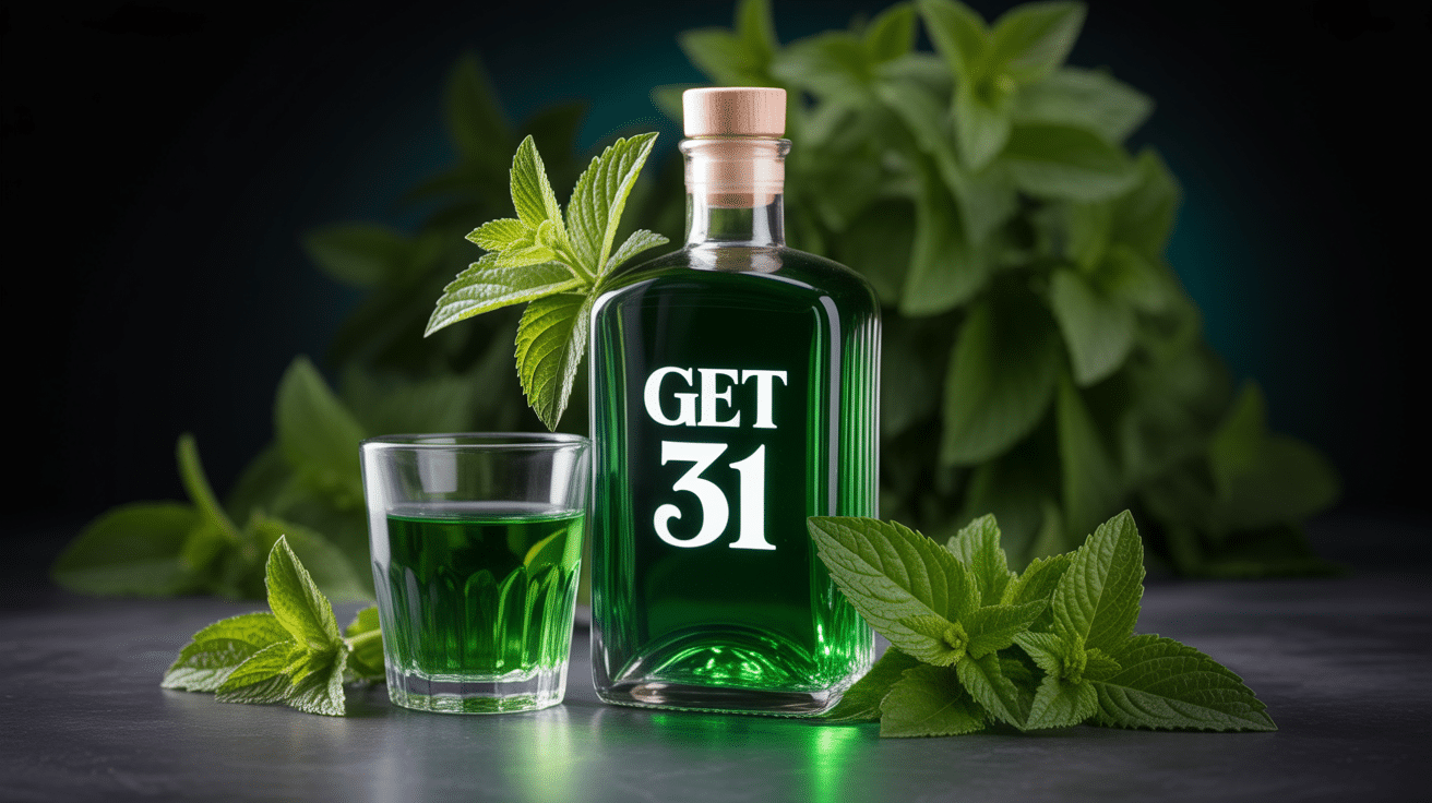 Bouteille Get 31 verte avec verre de liqueur menthe sur fond noir